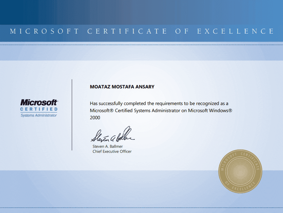 Microsoft Certified Systems Administrator, Windows 2000 certificate