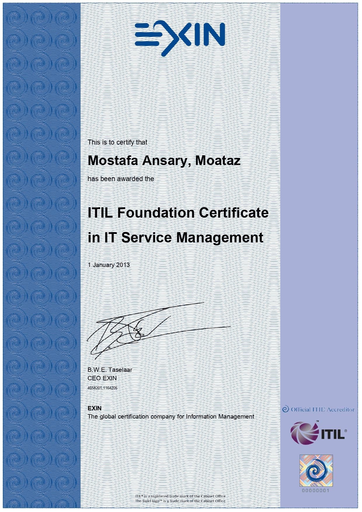ITIL Foundation in IT Service Management certificate
