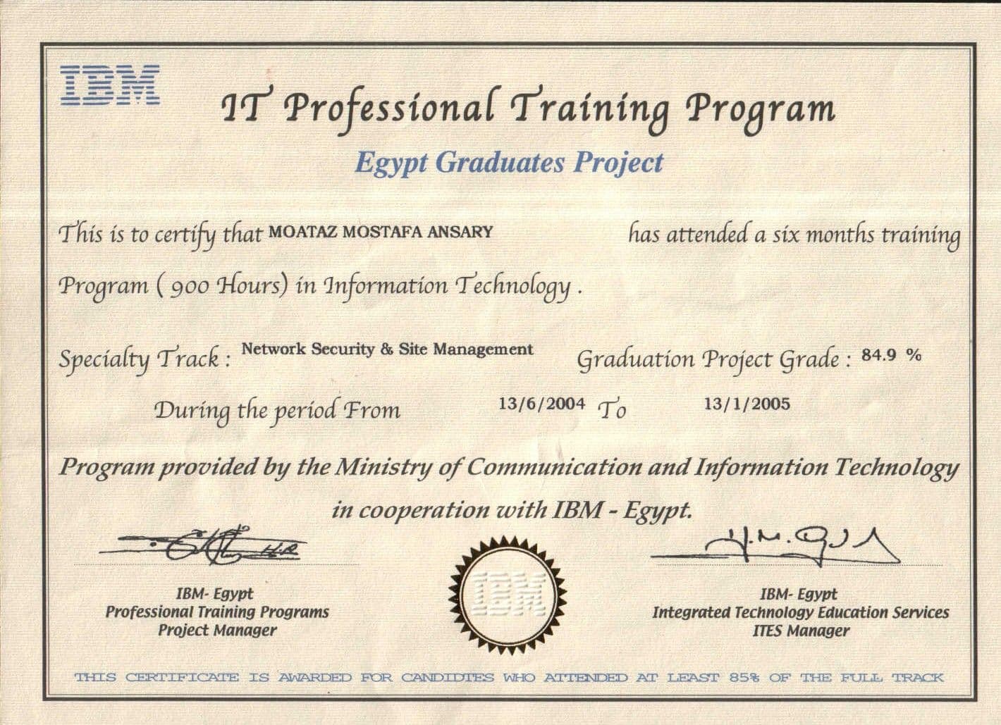 IT Professional Training Program, Network Security and Site Management certificate