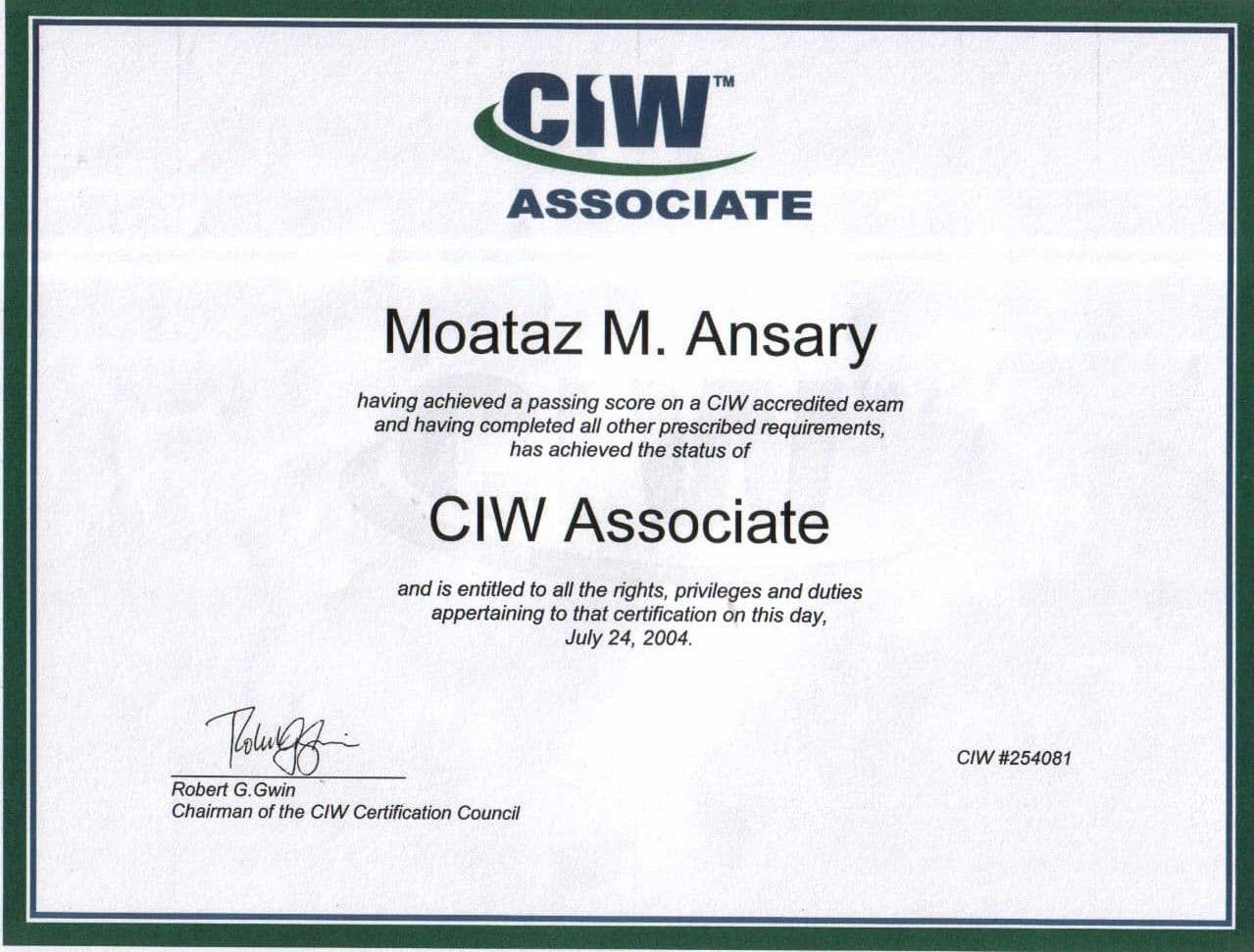 CIW Associate certificate