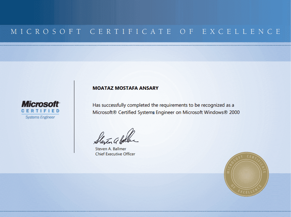 Microsoft Certified Systems Engineer, Windows 2000 certificate