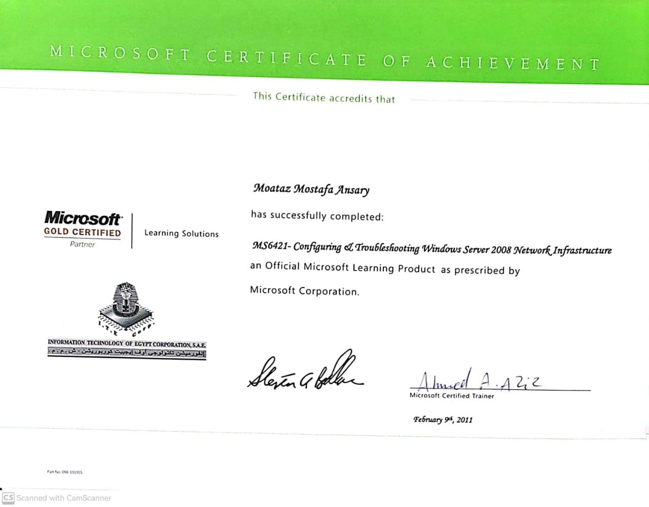 MS6421: Configuring and Troubleshooting Windows Server 2008 Network Infrastructure certificate